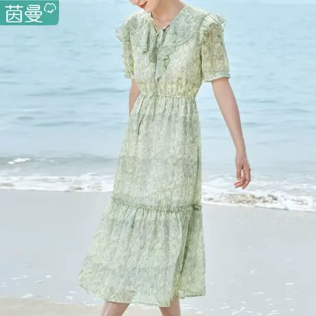 茵曼名媛法式碎花连衣裙女2023新款夏天荷叶边垂感雪纺裙高级感商品大图
