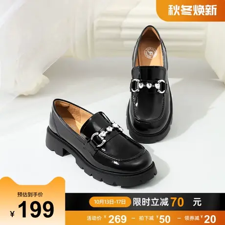 骆驼乐福鞋女2023秋季新款真皮马衔扣英伦风单鞋粗跟厚底小皮鞋女商品大图