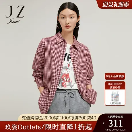 JZ玖姿外套式简约通勤格纹衬衫女装2022秋季新款时尚撞色单上衣图片