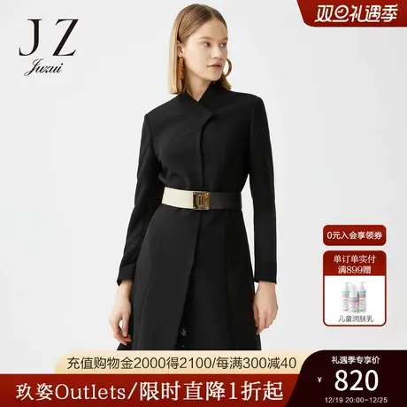 JUZUI/玖姿奥莱官方春新款黑色立领气质收腰中长外套女风衣商品大图