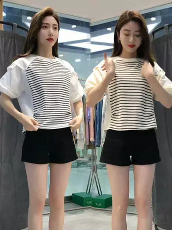条纹拼接假两件短袖衬衫女夏季2023年新款圆领法式高级感衬衣上衣商品大图