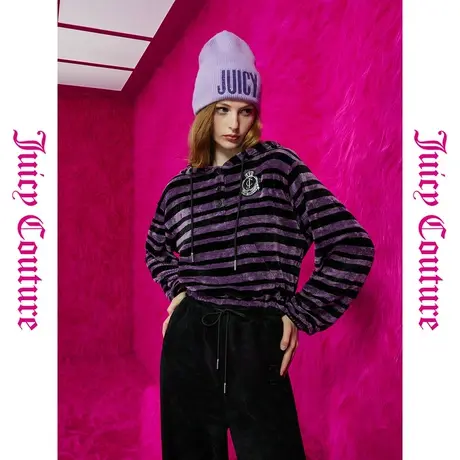 Juicy Couture橘滋23秋冬款新派学院logo绣章条纹连帽女式针织衫图片