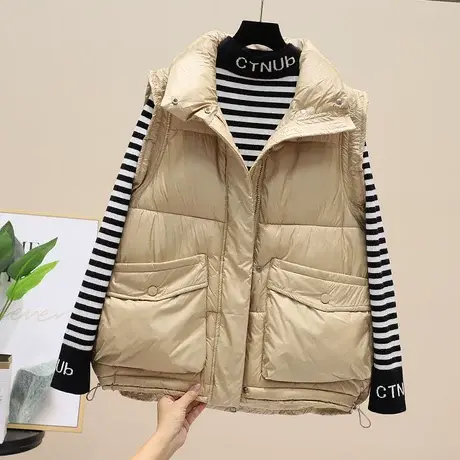 欧洲站秋冬新爆款轻薄便羽绒棉马甲女短款亮面外穿马夹抽绳背心潮图片