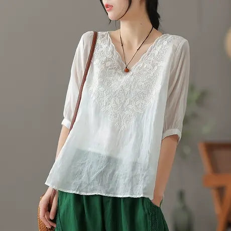 dza复古高端绣花苎麻上衣女士夏薄款白色短袖衬衣宽松V领棉麻半袖商品大图