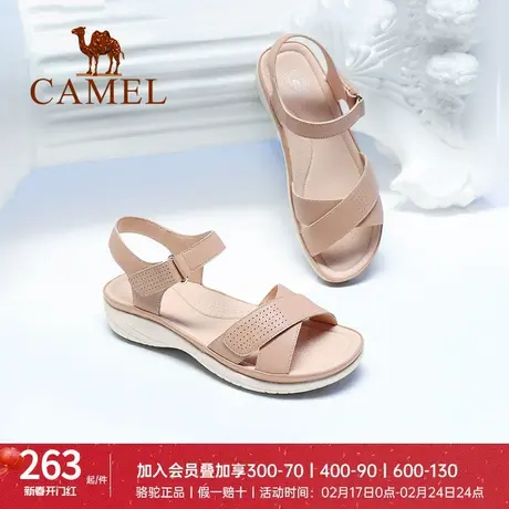 骆驼女鞋夏季新款魔术贴厚底凉鞋女真皮休闲时装平底凉鞋女图片