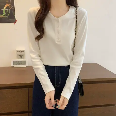 2023新款白色长袖t恤女韩版春秋冬季打底衫设计感小众内搭V领上衣商品大图