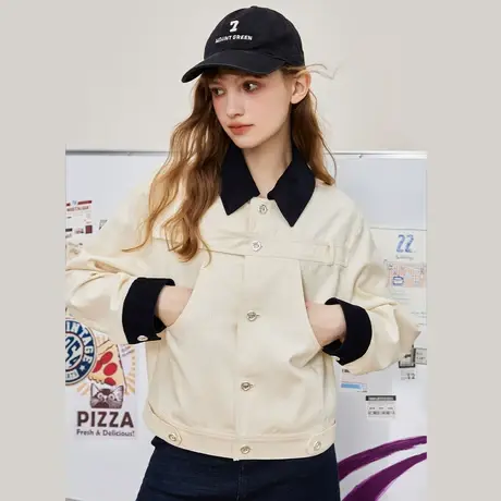 a02个性翻领撞色设计工装短款夹克2025春季休闲街头风女式外套图片