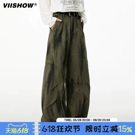 VIISHOW美式复古拼接脏染弯刀工装裤男春季宽松百搭阔腿小众长裤商品大图
