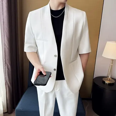 新中式无领短袖西服男宽松套装夏季薄款休闲风松弛感七分中袖西装图片