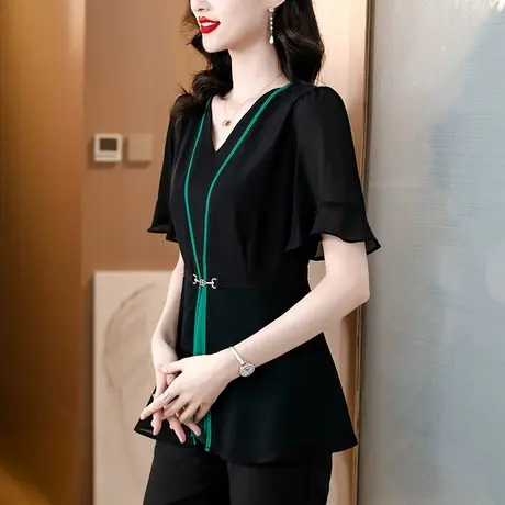 大码雪纺衫女上衣2023年夏季新款宽松显瘦遮肚子洋气高档女士小衫图片