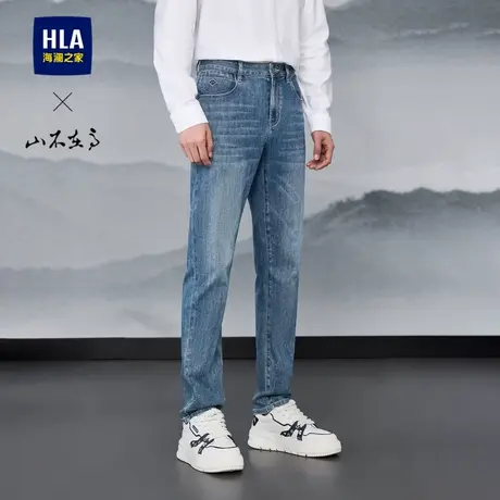 HLA/海澜之家山不在高浅色牛仔裤2025春夏新款微弹中腰绣花裤子男商品大图