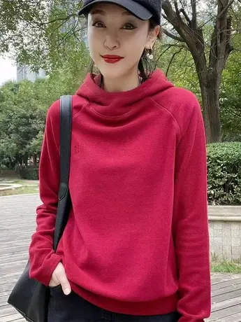 双面德绒连帽卫衣女2023冬季新款小众时尚长袖宽松纯色半高领打底商品大图