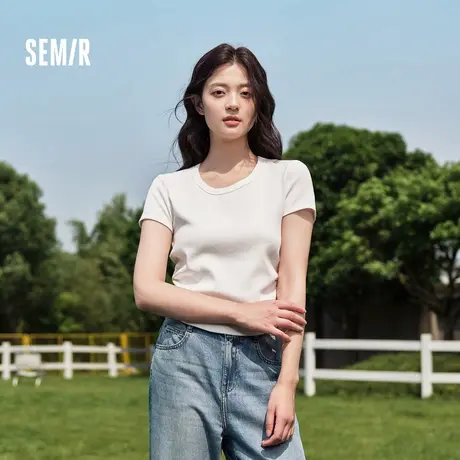 森马短袖T恤女短款正肩纯色紧身上衣2024新款夏小心机圆领套头衫图片