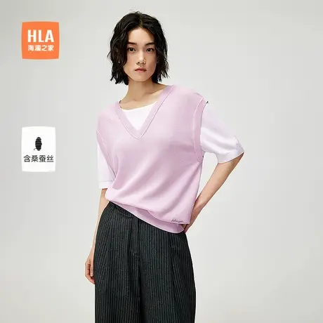 HLA/海澜之家撞色显瘦短袖针织衫2025夏季新款假两件时尚上衣女装商品大图