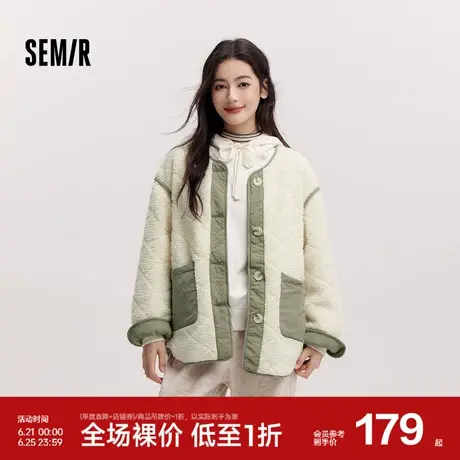 森马外套女中长款菱格仿羊羔毛宽松冬2024新款撞色夹棉夹克两面穿图片