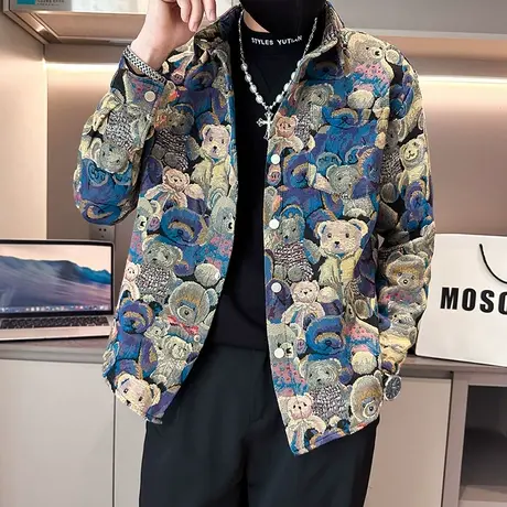 秋季小熊满印个性休闲外套男ins网红爆款潮牌宽松痞帅夹克上衣潮商品大图