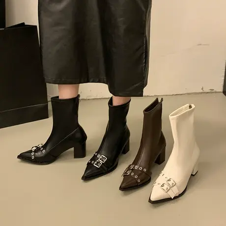 尖头粗跟短筒靴女2025秋季新款气质高级感显瘦时装靴时尚百搭靴子商品大图