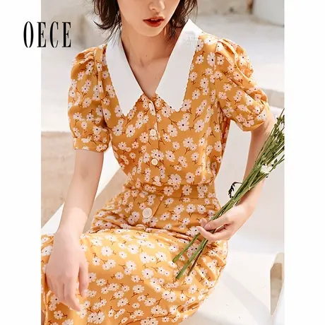 Oece春夏新款女法式复古黄色小碎花衬衫泡泡短袖上衣图片