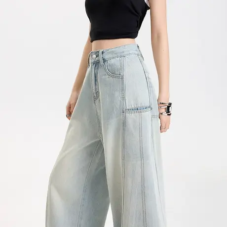 莱赛尔宽松牛仔裤女2025夏季新款侧开袋显瘦拼接轻薄透气阔腿长裤商品大图