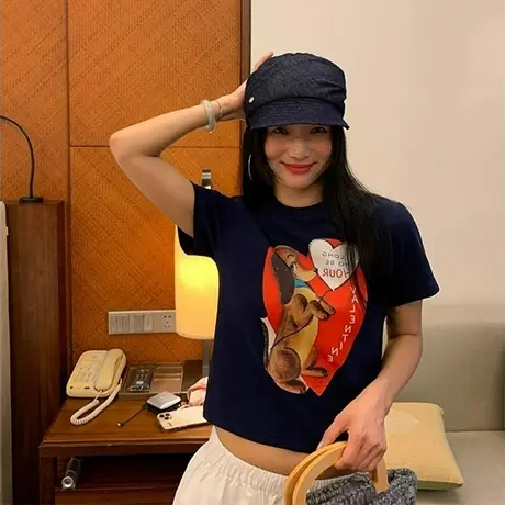 美式复古卡通狗狗印花藏青色短袖T恤女夏季宽松半袖小个子上衣商品大图