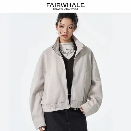 马克华菲立领短款外套女2025新款春秋宽松休闲百搭情侣装夹克上衣图片