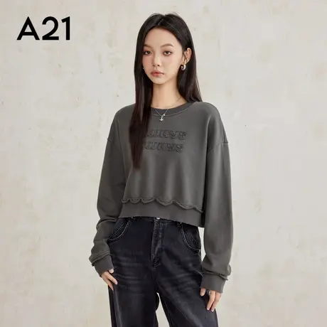 A21女装针织宽松圆领落肩长袖上衣2025新款套头中款无绒底卫衣图片