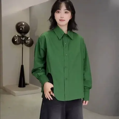 法式高级感绿色长袖衬衫女2025早秋新款宽松小个子休闲独特上衣女图片