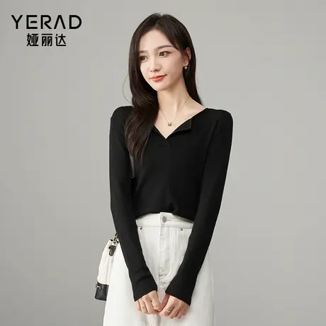 娅丽达V领针织衫女2025初秋新款毛衫女士内搭黑色长袖薄款毛衣商品大图