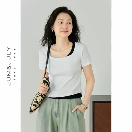 嘉茱莉2024新款夏季短袖T恤女设计感假两件方领上衣短款正肩t恤图片