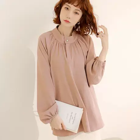 桔熊春季通勤不易皱半高领宽松衬衫收腰中长款上衣女大码AB18094图片