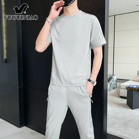 富贵鸟2025夏季薄款休闲运动套装男士冰丝短袖t恤帅气男装两件套图片