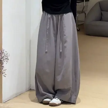 慵懒松弛感灰色阔腿裤女2025年秋季新大码胖mm宽松垂感小众休闲裤图片