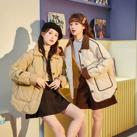 【防水】唐狮羽绒服女2024新款冬季撞色拼接短款菱格羽绒服轻薄款商品大图