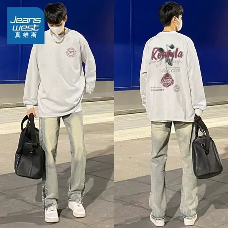 G2真维斯男装衣服2025春季新款 潮流印花纯棉圆领宽松上衣长袖T恤商品大图