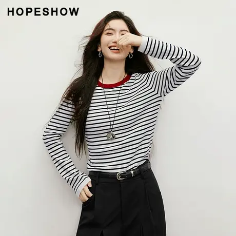 红袖2025秋季新款女装 MIU风撞色条纹正肩长袖圆领套头针织衫商品大图