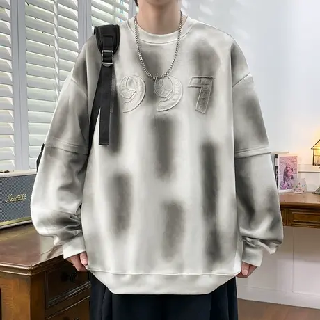 假两件圆领卫衣男生秋季2025新款宽松百搭重磅美式男士春秋上衣服商品大图