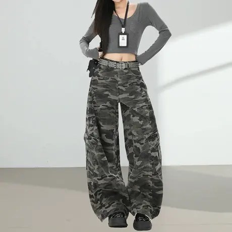 迷彩工装裤女牛仔阔腿裤2025秋季新款高腰宽松垂感显瘦拖地长裤子商品大图