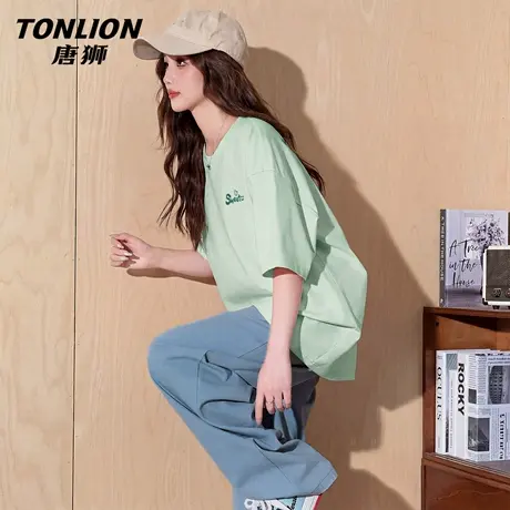 唐狮官方浅绿色短袖女t恤夏2026新款女士小清新宽松纯棉上衣女VB图片