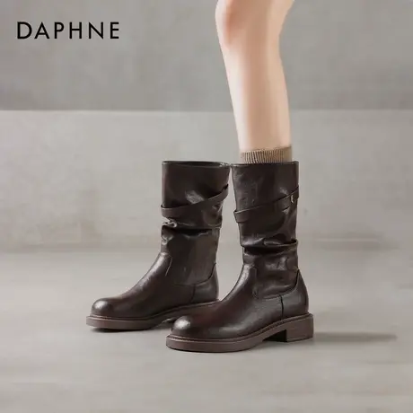 达芙妮棕色短靴女2026新款冬季加绒堆堆骑士马丁靴厚底中筒瘦瘦靴商品大图