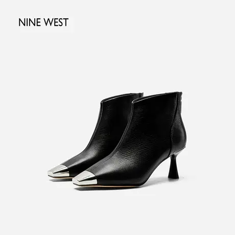 Nine West/玖熙金属小方头深口踝靴2023秋冬新款加绒高跟细跟短靴图片