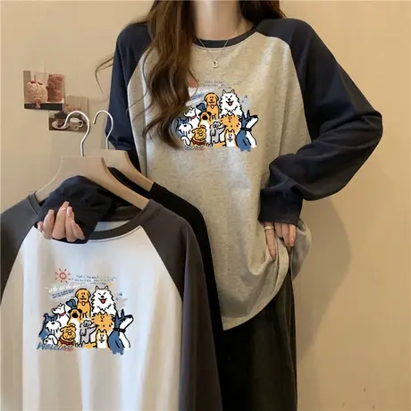 2023新款德绒打底衫女内搭秋冬加绒加厚插肩袖T恤撞色长袖上衣服商品大图