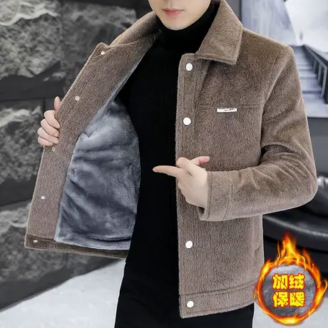 冬季加厚简约水貂绒夹克男士加绒冬装外套青年高端休闲毛呢子风衣商品大图