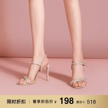 熙漫2022夏季新款时尚凉鞋水钻一字带露趾女鞋百搭细跟性感高跟鞋图片