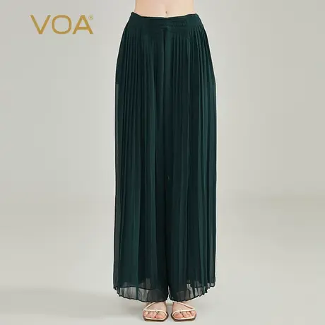 VOA桑蚕丝孔绿乔其双层设计风琴褶侧插袋自然腰轻盈透气真丝长裤商品大图