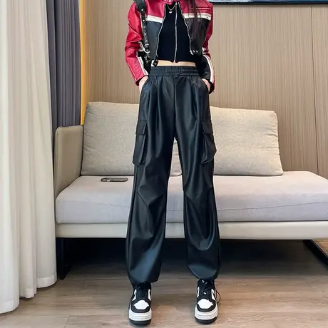 美式黑色加绒阔腿工装皮裤女冬季新款宽松束脚高腰显瘦休闲运动裤图片