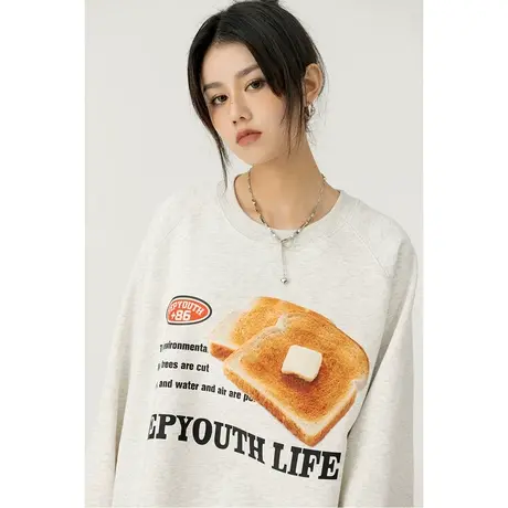 YEP灰色加绒卫衣女2023新款冬季加厚ins复古宽松oversize圆领上衣商品大图