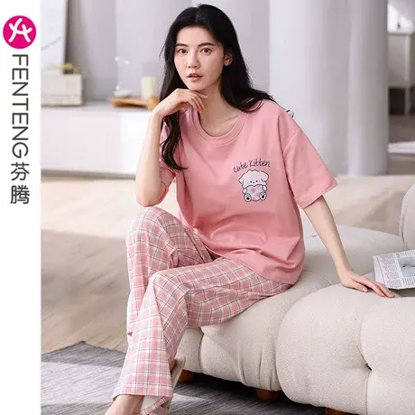 芬腾纯棉睡衣女夏季薄款短袖长裤圆领套头少女休闲全棉家居服套装商品大图