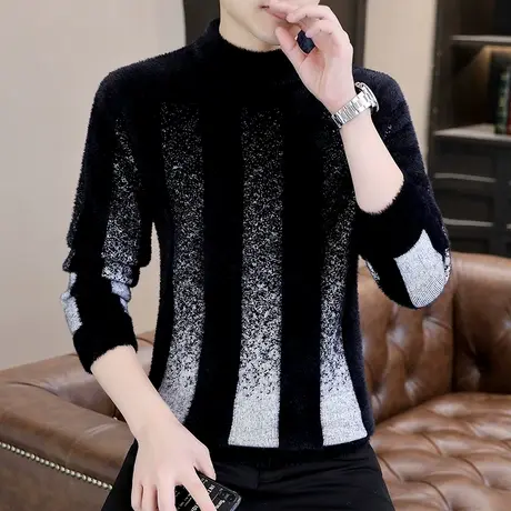 半高领男秋冬季条纹毛衣潮流加绒加厚个性水貂绒冬装保暖针织上衣图片