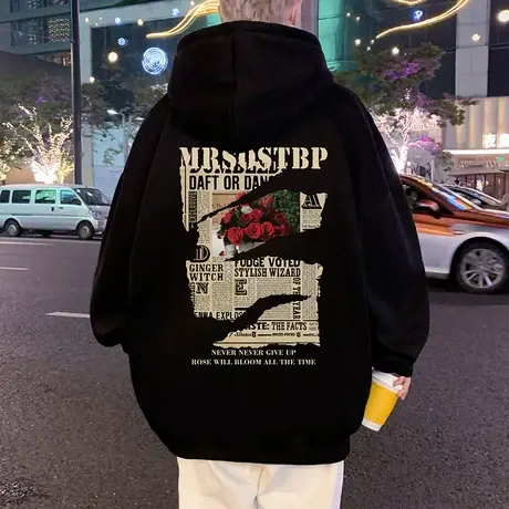 纯棉加绒连帽卫衣男春秋季玫瑰花情侣装2024新款帽衫潮流国风外套图片