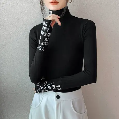 套手指高领打底衫女2023秋冬字母刺绣内搭长袖T恤加绒加厚上衣商品大图